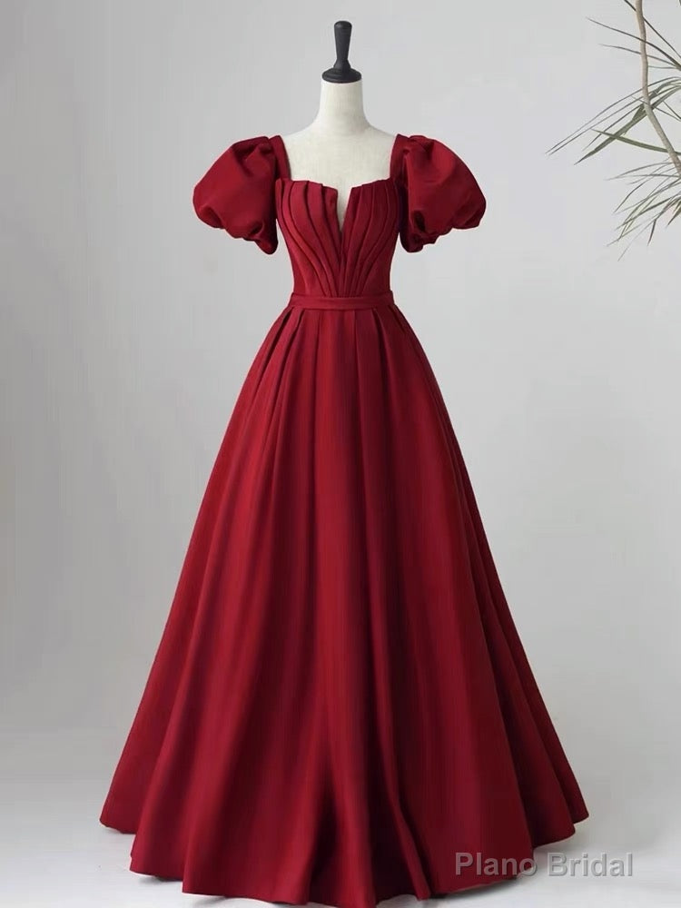 Wine Red Short Sleeves A-line Floor Length Party Dress, Long Prom Dress Main image