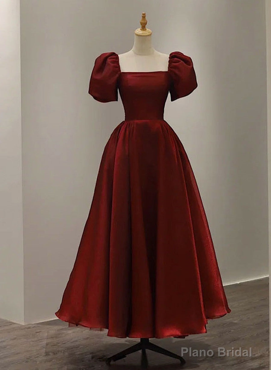 Wine Red Short Sleeves Tea Length Wedding Party Dress, Wine Red Prom Dress