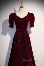 Wine Red Short Sleeves Velvet Long Formal Dresses, Wine Red Evening Dresses Formal Prom Dresses