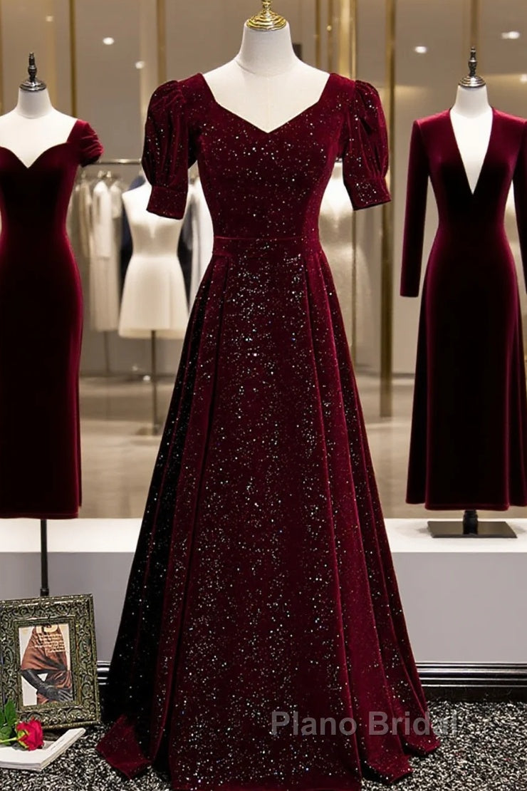 Wine Red Short Sleeves Velvet Long Formal Dresses, Wine Red Evening Dresses Formal Prom Dresses Main image