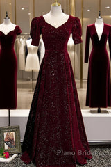 Wine Red Short Sleeves Velvet Long Formal Dresses, Wine Red Evening Dresses Formal Prom Dresses