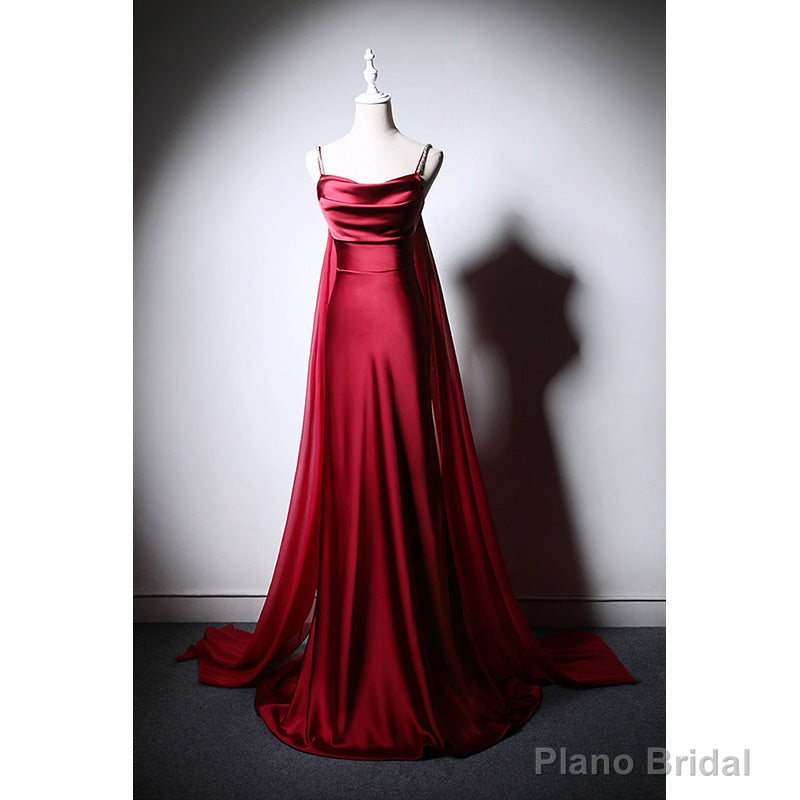Wine Red Soft Satin Long Straps Long A-line Prom Dress, Wine Red Evening Dress Secondary image