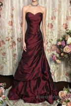 Wine Red Strapless Long Taffeta Sweet 16 Dresses, Wine Red Sweetheart Formal Prom Dresses Formal Gown
