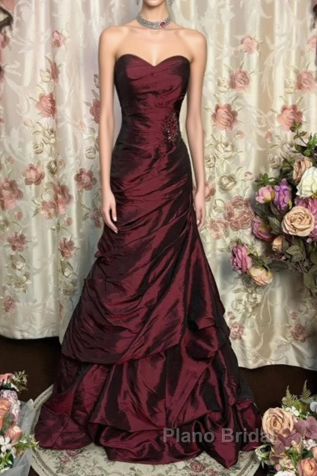 Wine Red Strapless Long Taffeta Sweet 16 Dresses, Wine Red Sweetheart Formal Prom Dresses Formal Gown