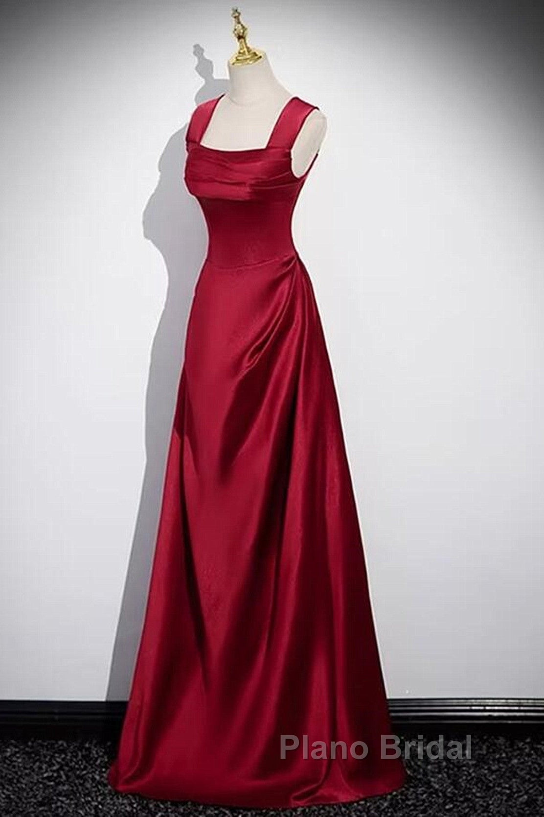 Wine Red Straps Satin Scoop Floor Length Formal Prom Dresses, Wine Red Long Evening Dresses Secondary image