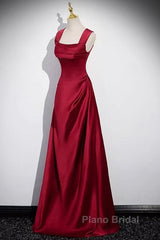Wine Red Straps Satin Scoop Floor Length Formal Prom Dresses, Wine Red Long Evening Dresses