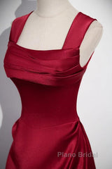 Wine Red Straps Satin Scoop Floor Length Formal Prom Dresses, Wine Red Long Evening Dresses