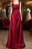Wine Red Straps Satin Scoop Floor Length Formal Prom Dresses, Wine Red Long Evening Dresses