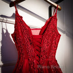 Wine Red Straps V-Neckline Lace Applique Long Formal Prom Dresses, Dark Red Formal Dresses