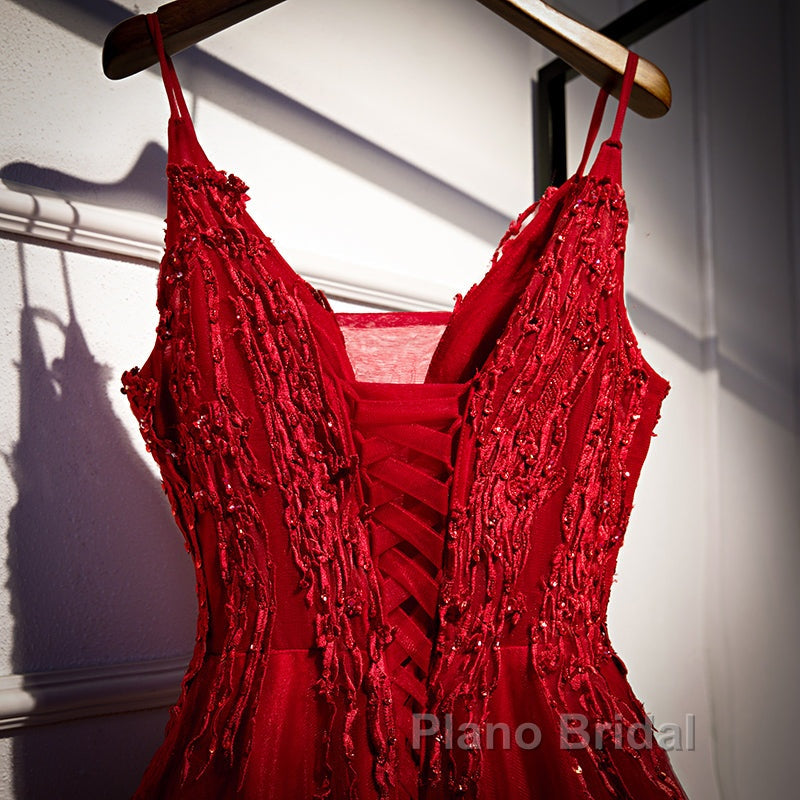 Wine Red Straps V-Neckline Lace Applique Long Formal Prom Dresses, Dark Red Formal Dresses