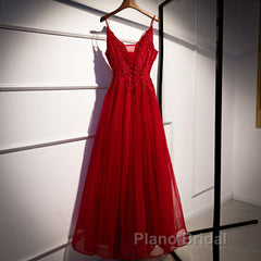 Wine Red Straps V-Neckline Lace Applique Long Formal Prom Dresses, Dark Red Formal Dresses