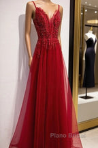 Wine Red Straps V-Neckline Lace Applique Long Formal Prom Dresses, Dark Red Formal Dresses