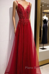 Wine Red Straps V-Neckline Lace Applique Long Formal Prom Dresses, Dark Red Formal Dresses