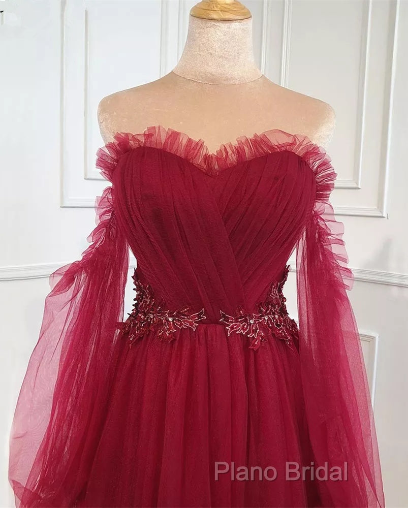Wine Red Sweetheart Beaded Off Shoulder Party Dresses, Wine Red Bridesmaid Dresses Secondary image