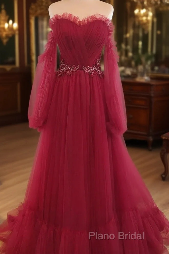 Wine Red Sweetheart Beaded Off Shoulder Party Dresses, Wine Red Bridesmaid Dresses Main image