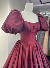 Wine Red Taffeta Short Sleeves Long Formal Dress, Wine Red Evening Dress Prom Dress