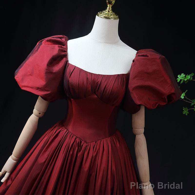 Wine Red Taffeta Short Sleeves Long Prom Dress, Wine Red Evening Dress Formal Dress