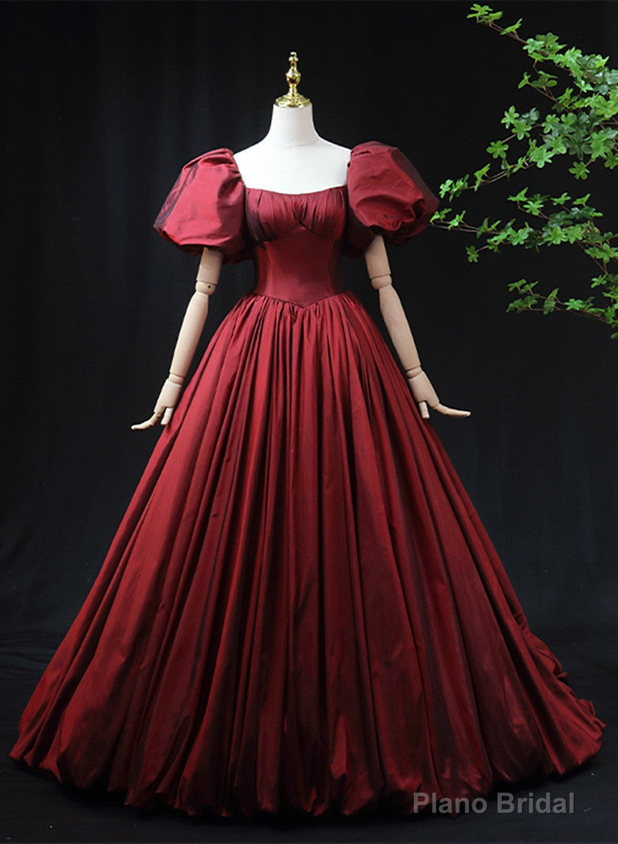 Wine Red Taffeta Short Sleeves Long Prom Dress, Wine Red Evening Dress Formal Dress Main image