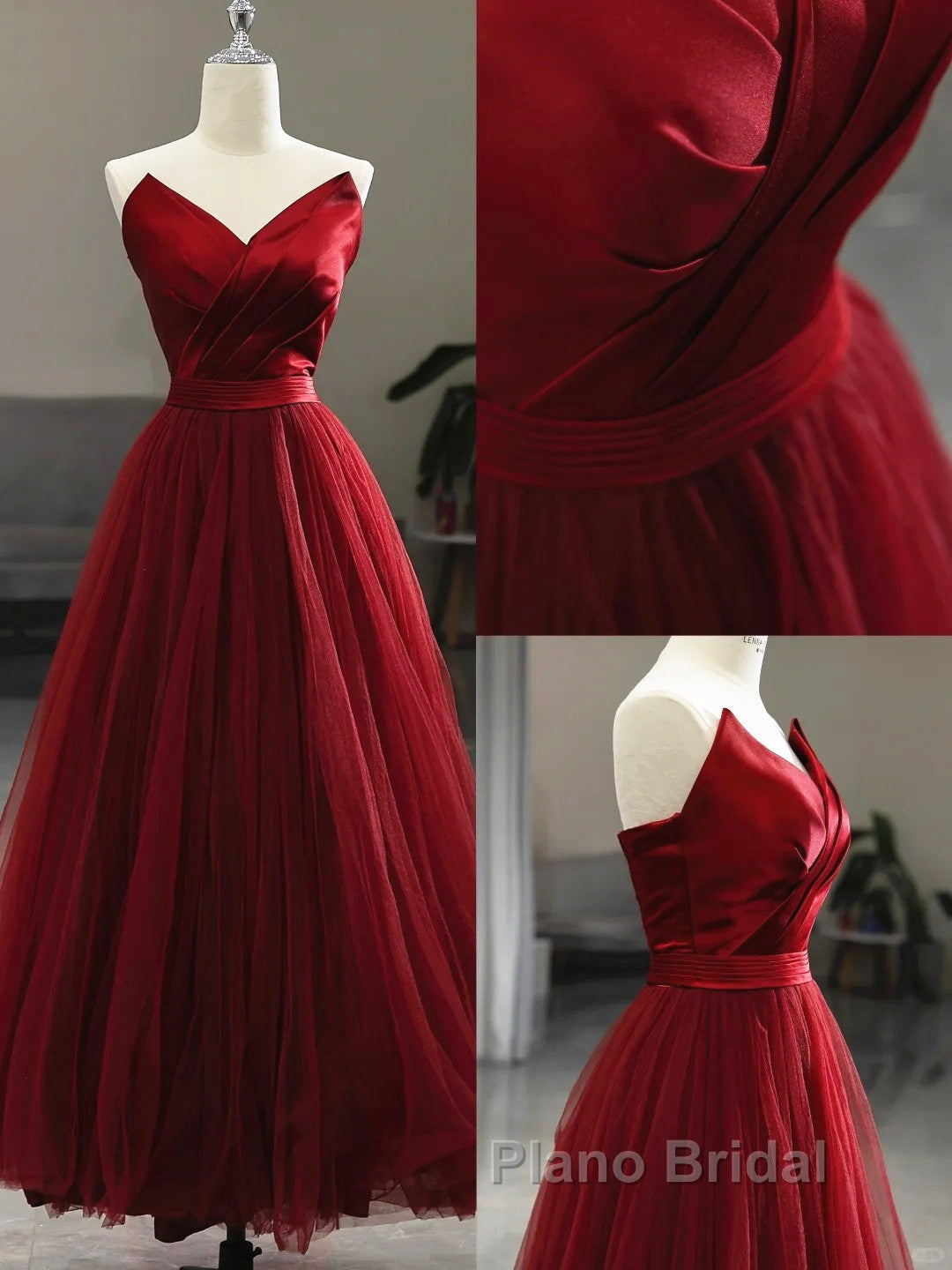 Wine Red Tea Length Tulle V-Neckline Formal Prom Dresses, Wine Red Tulle Party Dresses Secondary image