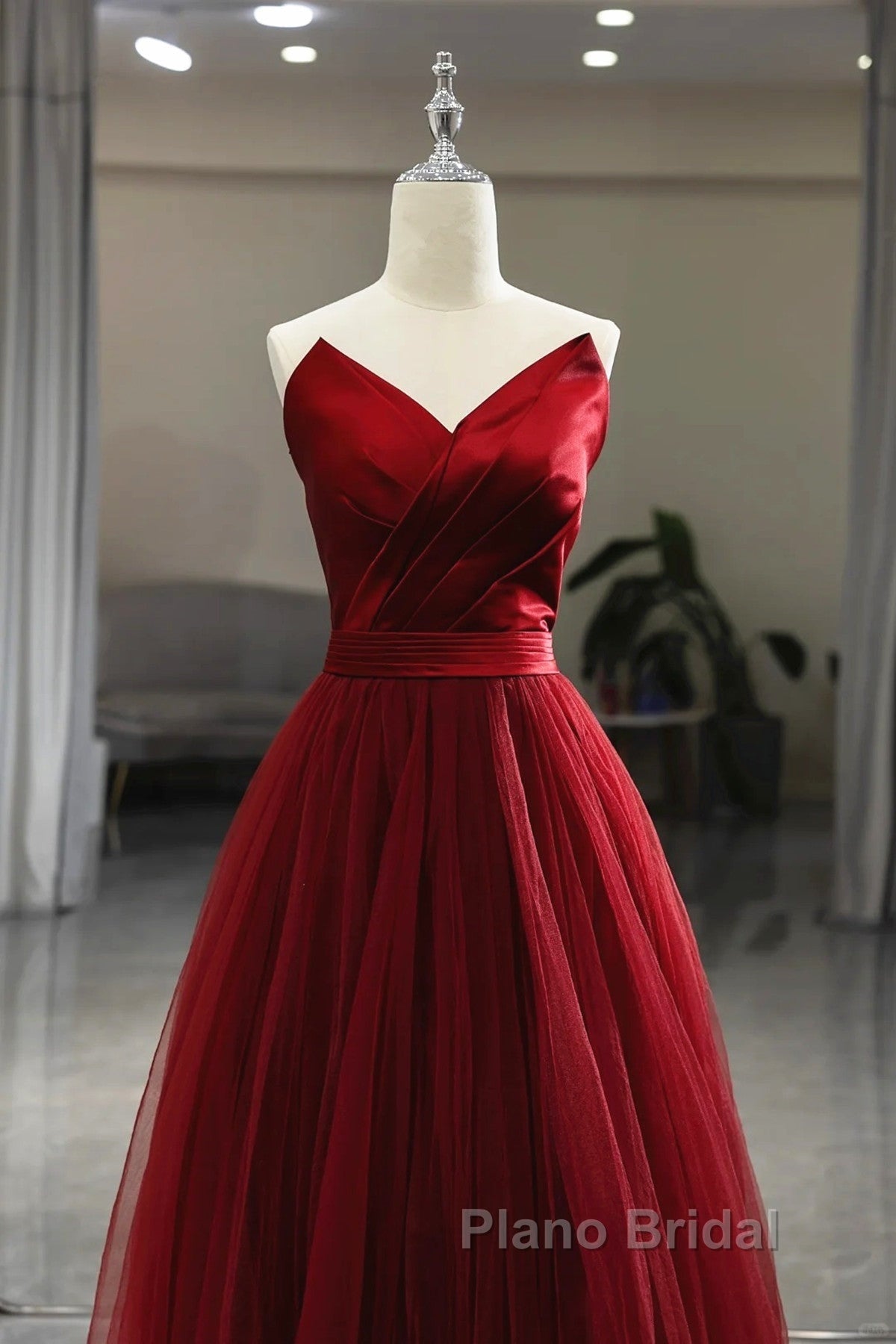 Wine Red Tea Length Tulle V-Neckline Formal Prom Dresses, Wine Red Tulle Party Dresses