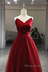 Wine Red Tea Length Tulle V-Neckline Formal Prom Dresses, Wine Red Tulle Party Dresses