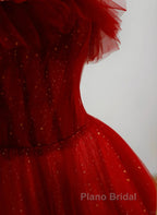 Wine Red Tull A-Line Scoop Long Formal Prom Dresses, Wine Red Tulle Evening Dresses