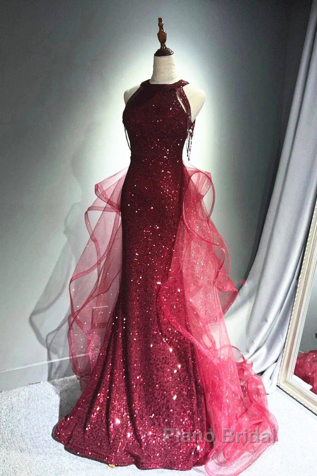 Wine Red Tulle And Sequins Halter Long Party Dresses, Wine Red New Style Formal Prom Dresses Secondary image