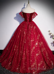 Wine Red Tulle Ball Gown Beaded Sweetheart Party Dresses, Wine Red Formal Prom Dresses