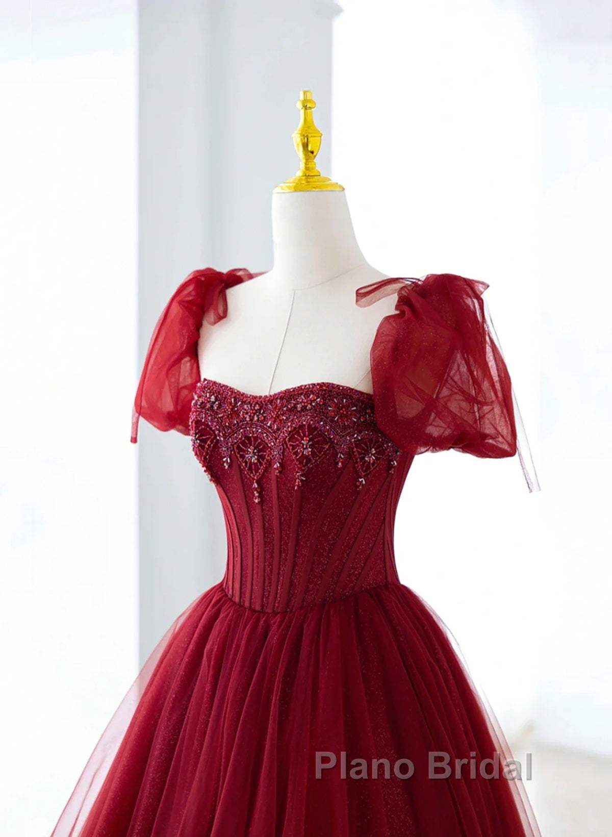 Wine Red Tulle Beaded Long Formal Prom Dresses, A-Line Sweetheart Formal Evening Dresses