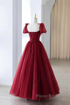 Wine Red Tulle Beaded Long Formal Prom Dresses, A-Line Sweetheart Formal Evening Dresses