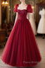 Wine Red Tulle Beaded Long Formal Prom Dresses, A-Line Sweetheart Formal Evening Dresses