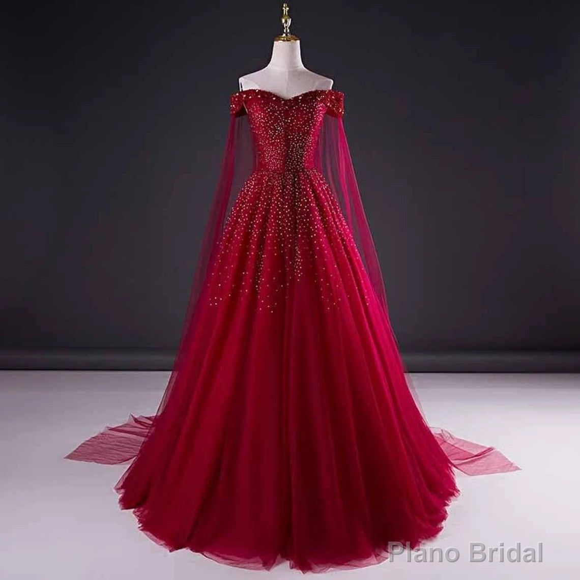 Wine Red Tulle Beaded Tulle Sparkle Long Prom Dress, Dark Red Sweet 16 Gown Secondary image