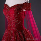 Wine Red Tulle Beaded Tulle Sparkle Long Prom Dress, Dark Red Sweet 16 Gown