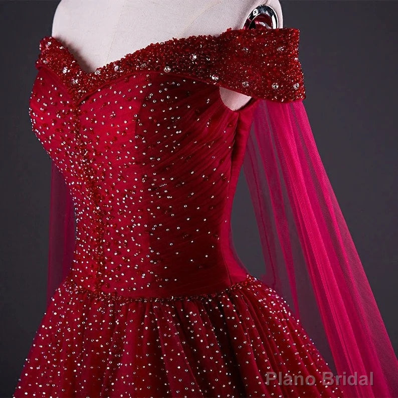 Wine Red Tulle Beaded Tulle Sparkle Long Prom Dress, Dark Red Sweet 16 Gown