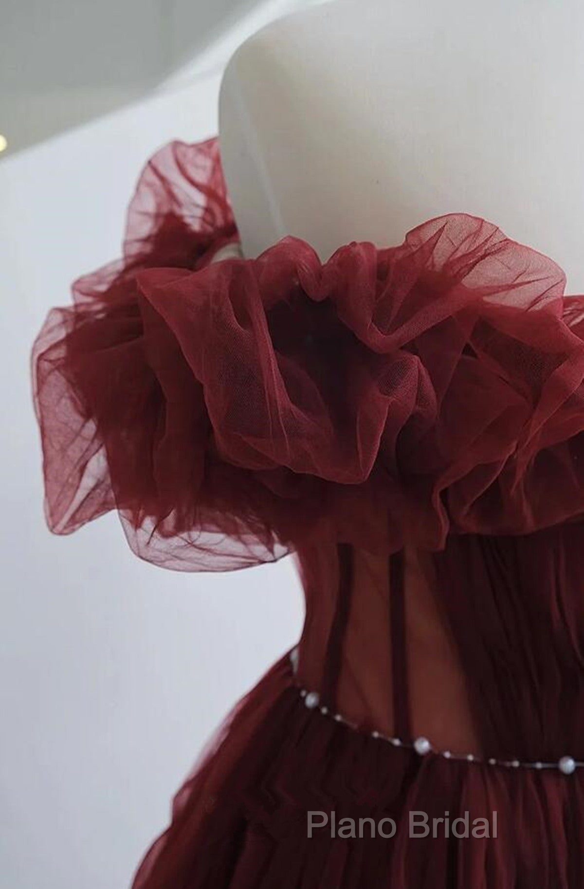 Wine Red Tulle Sequins Long Off Shoulder Party Dresses, Wine Red Tulle Formal Prom Dresses Secondary image