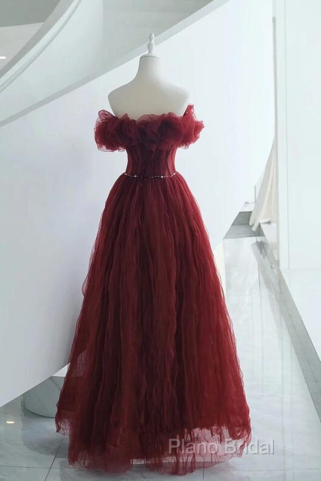 Wine Red Tulle Sequins Long Off Shoulder Party Dresses, Wine Red Tulle Formal Prom Dresses