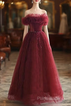 Wine Red Tulle Sequins Long Off Shoulder Party Dresses, Wine Red Tulle Formal Prom Dresses