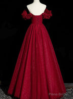 Wine Red Tulle Short Sleeves Beaded Party Dress, A-line Wine Red Prom Dress