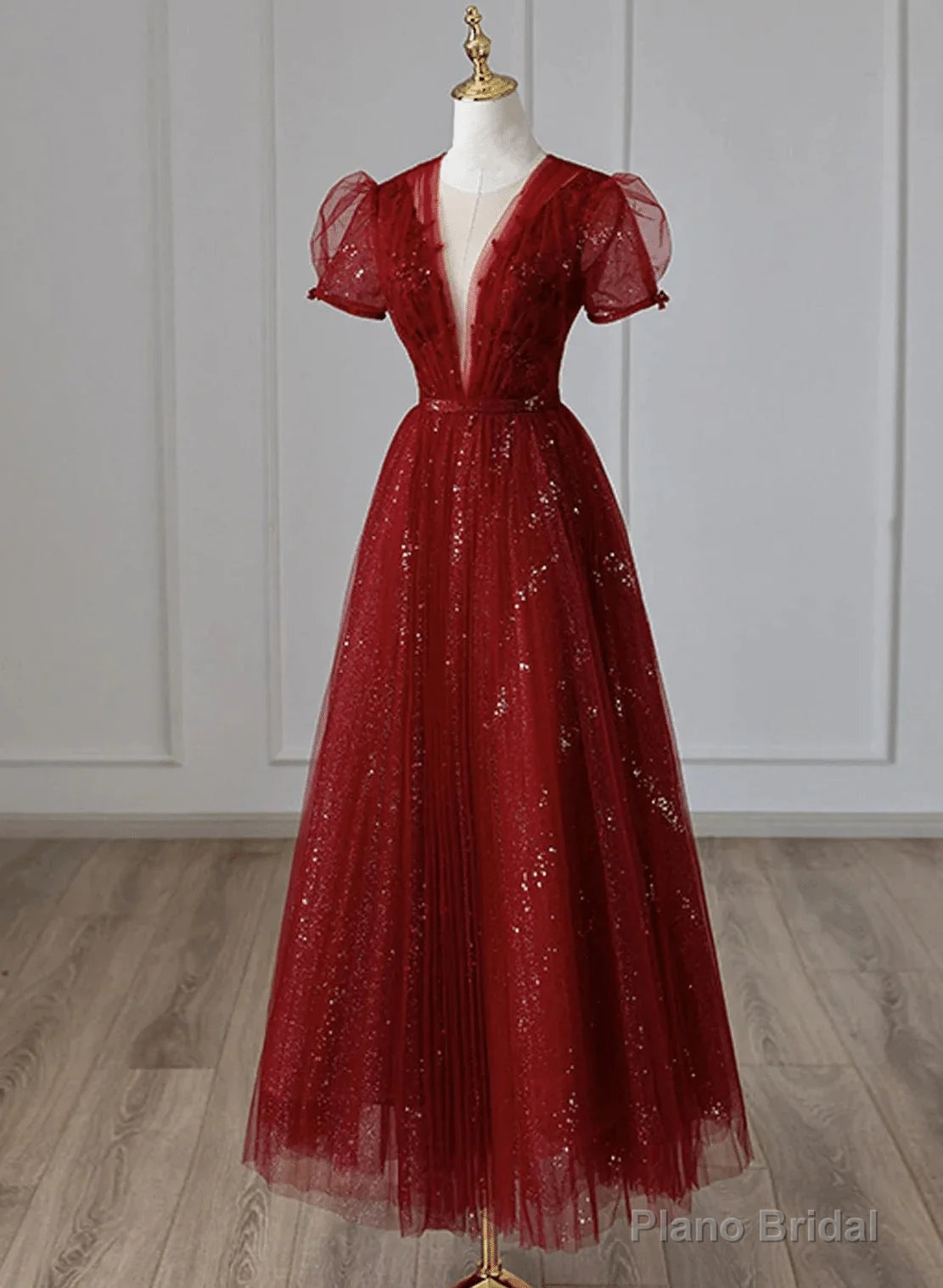 Wine Red Tulle Short Sleeves Long Party Dress Wine Red Evening Gown prom dresses shops