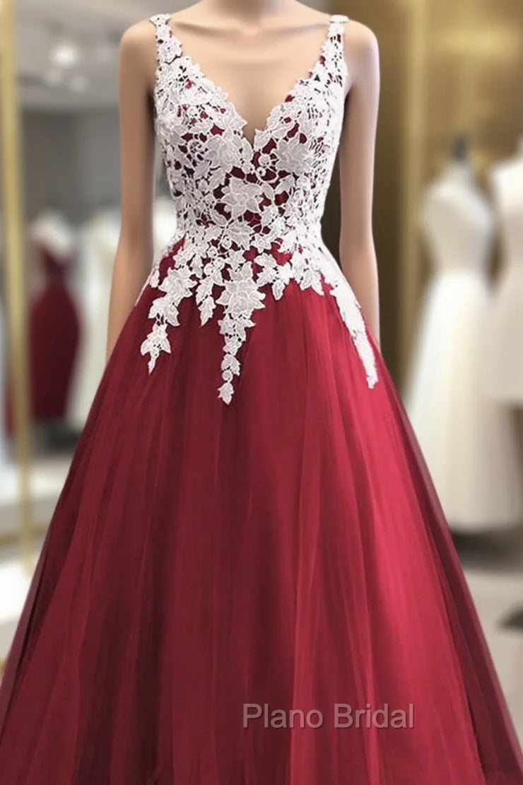 Wine Red Tulle With White Lace V-Neckline Formal Prom Dresses, Wine Red Long Evening Dresses