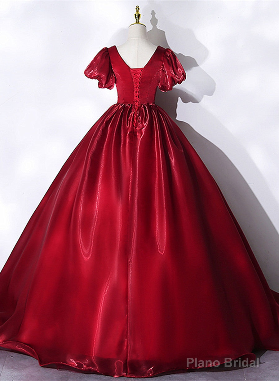 Wine Red V-neckline Beaded Ball Gown Prom Dress, Wine Red Sweet 16 Dress