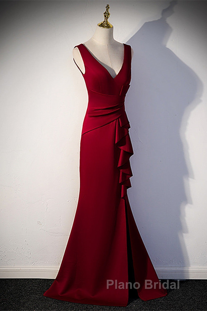 Wine Red V-Neckline Mermaid Long Party Dresses With Leg Slit, Wine Red Formal Prom Dresses