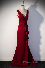 Wine Red V-Neckline Mermaid Long Party Dresses With Leg Slit, Wine Red Formal Prom Dresses