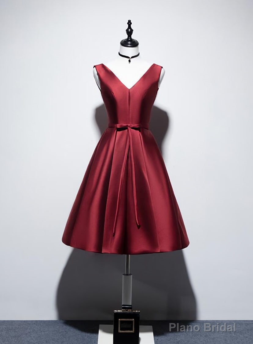 Wine Red V-neckline Satin Lace-up Homecoming Dress, Short Prom Dress Main image