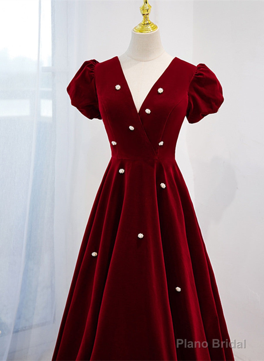 Wine Red V-neckline Velvet Prom Dress Party Dress, A-line Wedding Party Dress