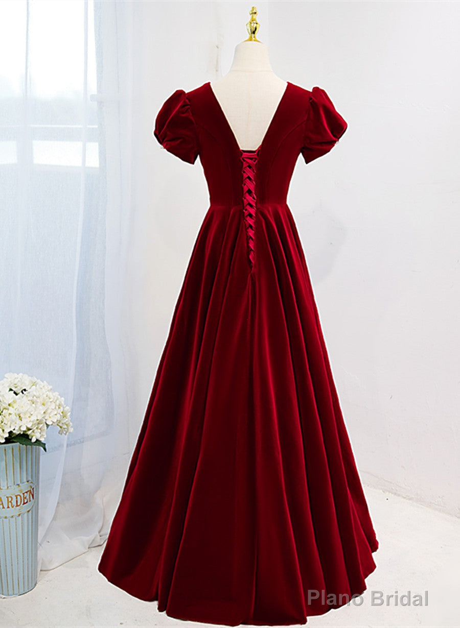 Wine Red V-neckline Velvet Prom Dress Party Dress, A-line Wedding Party Dress Secondary image
