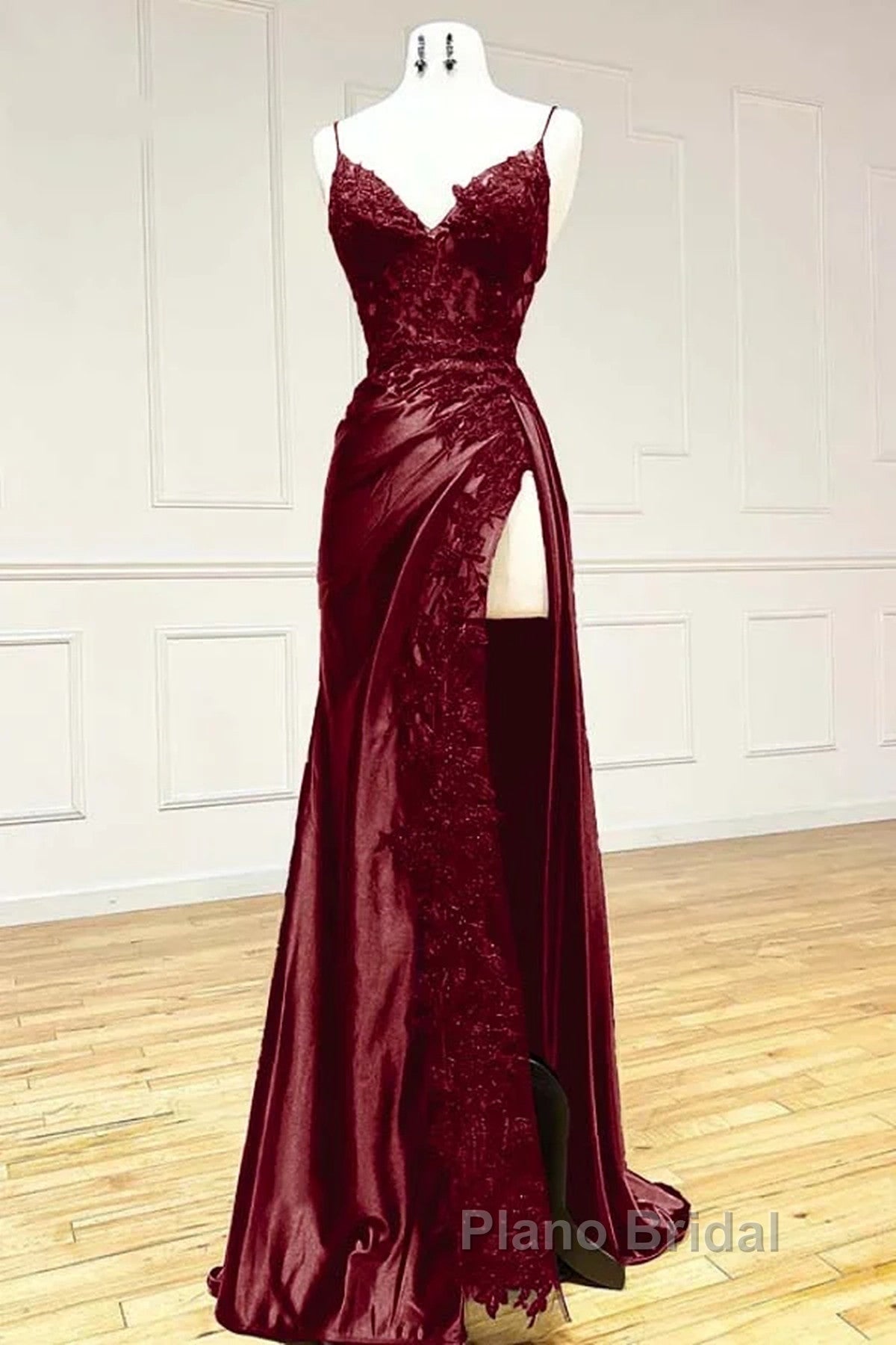 Wine Red V-Neclline Satin With Lace Long Formal Prom Dresses, Wine Red Leg Slit Party Dresses