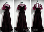 Wine Red Velvet A-Line Long High Neckline Party Dresses, Wine Red Long Bridesmaid Dresses