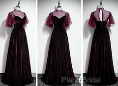Wine Red Velvet A-Line Long High Neckline Party Dresses, Wine Red Long Bridesmaid Dresses