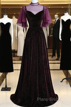 Wine Red Velvet A-Line Long High Neckline Party Dresses, Wine Red Long Bridesmaid Dresses
